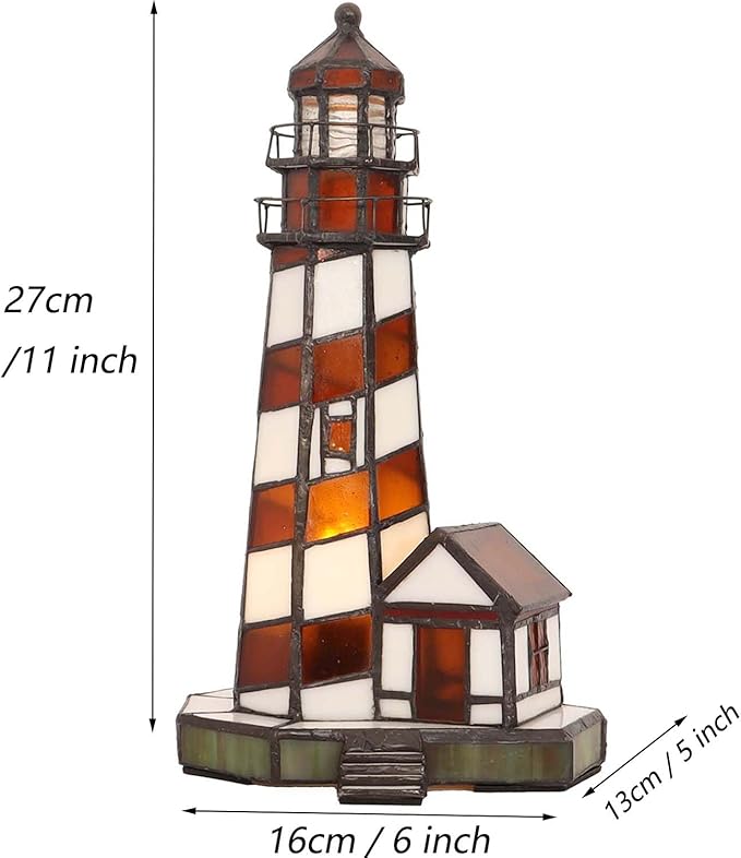 Bieye L10616 Lighthouse Tiffany Style Stained Glass Accent Table Lamp Night Light for Home Decoration (6x5x11, Amber)