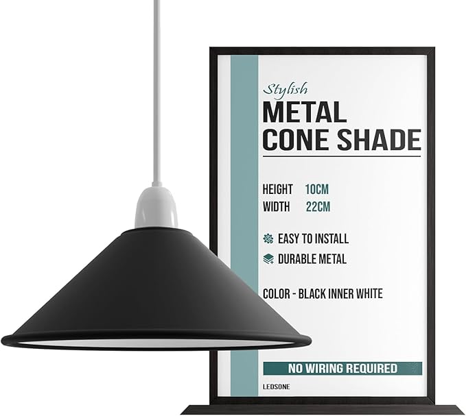 Black with White Interior Cone Pendant Light Shade Metal Farmhouse Hanging Light Fixture Replacement Lamp Shade for Ceiling Fan or Kitchen Island Lighting (Black Inner White, Pack of 1)