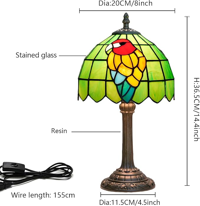 Parrot Tiffany Lamp Green Stained Glass Table lamp Bedroom Bedside Reading Desk Light for Home Office Dormitory Bar Decorate Retro Unique Cute Accent Decor Desk Light Nightstand Lamp
