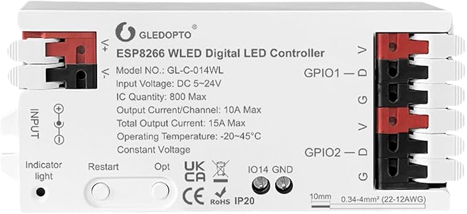 GLEDOPTO ESP8266 WLED LED Controller Dynamic RGB IC Atmosphere DIY Lighting App Control Work with Alexa Easy Wiring for WS2811 WS2812 SK6812 TM1814 WS2813 WS2815 Addressable FCOB Strip Light, White