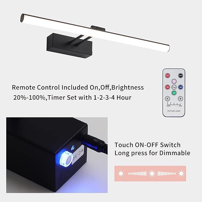 Black Picture Light, Battery Operated Painting Lighting with Remote,16 inch Led Art Lamp, Wirelless Wall Lamp,Rechargeable Picture Frame Light,Cordless Gallery Light