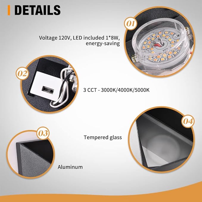 LED Outdoor Wall Light, Aluminum Outdoor Wall Sconce, 3000K/4000K/5000K Waterproof 8W Porch Lights, Aluminum Patio Wall Mount Lights Fixture for House Doorway Garage