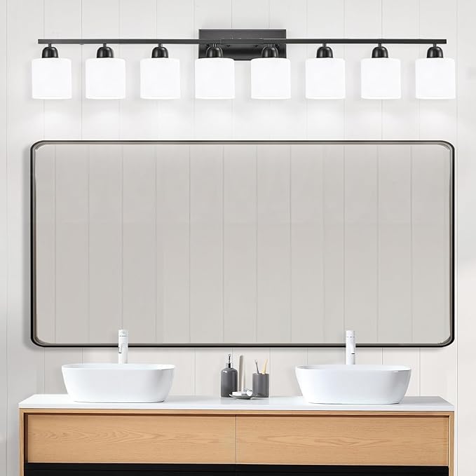 8 Light Black Bathroom Light Fixtures Over Mirror for Big Mirror, Modern Bathroom Lighting with Milky White Frosted Glass Shades,51 inch Lights for Vanity for Mirrors, E26