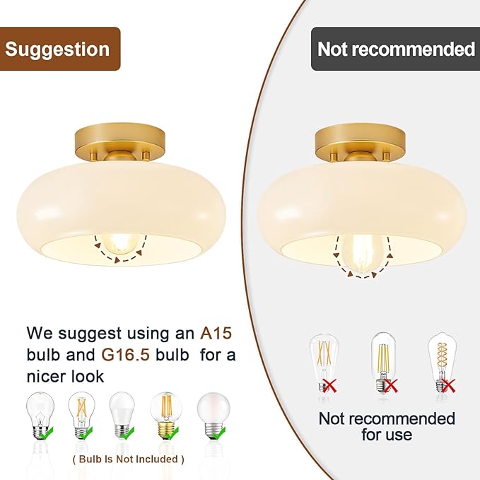 Mid-Century Modern Gold Semi Flush Mount Ceiling Light, Kitchen Ceiling Light Fixture with Glass Shade, Vintage White Close to Ceiling Lamp for Entryway Hallway Bathroom (11.0 Inch)
