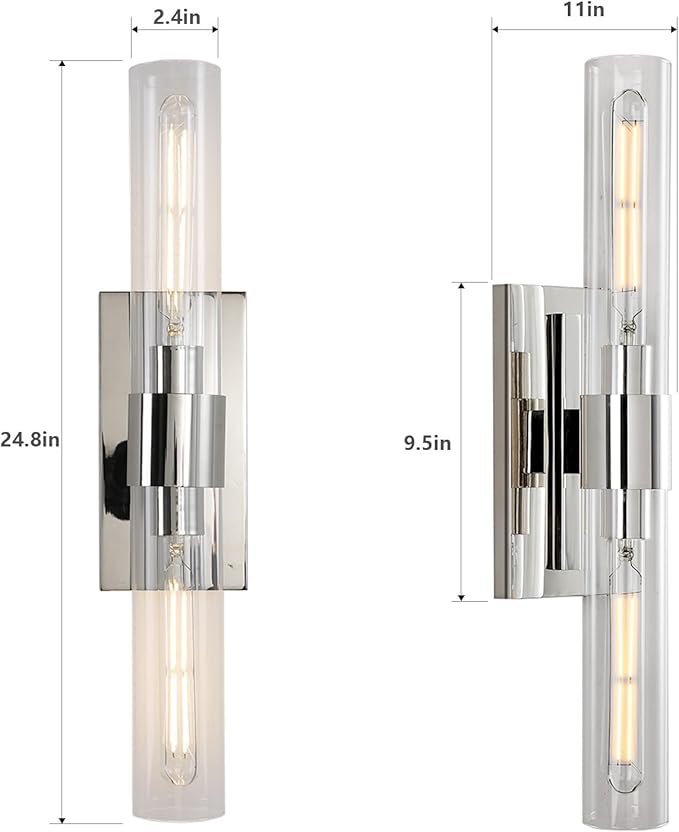 Nickel Wall Sconces Set of Two, Brass 22.8" Sconces Wall Lighting,Bathroom Vanity Lights with Clear Glass Shade for Mirror, Living Room, Bedroom, Hallway, Fireplace, Staircas（Including Bulb）