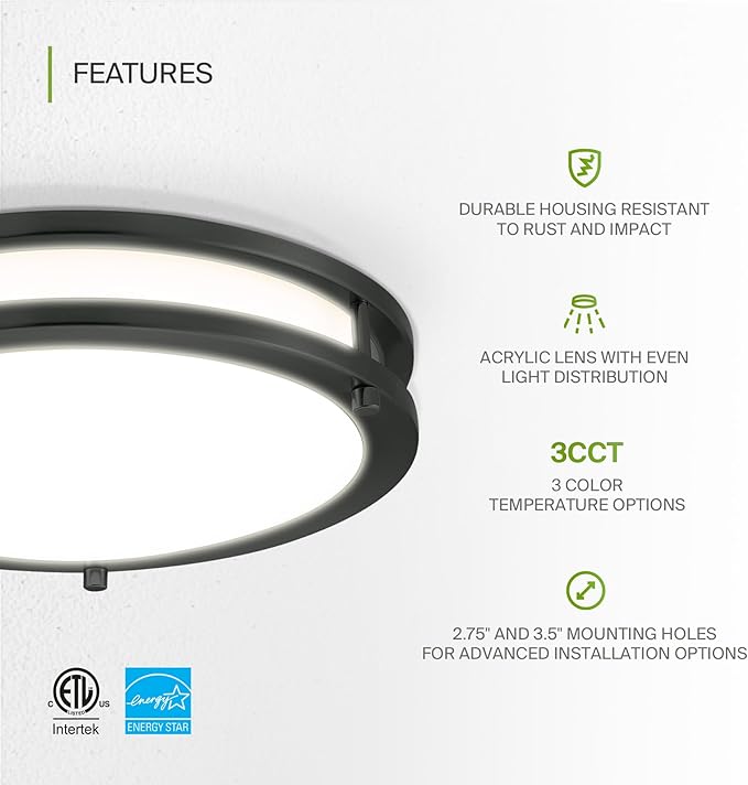 ASD LED 12" Round Flush Mount Lighting, Close to Ceiling Light Fixture | 3CCT, Dimmable, Energy Star, ETL Listed | 20W 1550LM 3000-5000K 120V | Low Profile Double Ring Lamp | Black