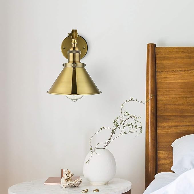 LITFAD Adjustable Arm Wall Light Fixtures Brass Finish 1 Light Wall Sconce 7" Industrial Swing arm Wall lamp Mounted Lighting Fixture with Cone Shade for Bedroom, Reading, Living Room, Kitchen