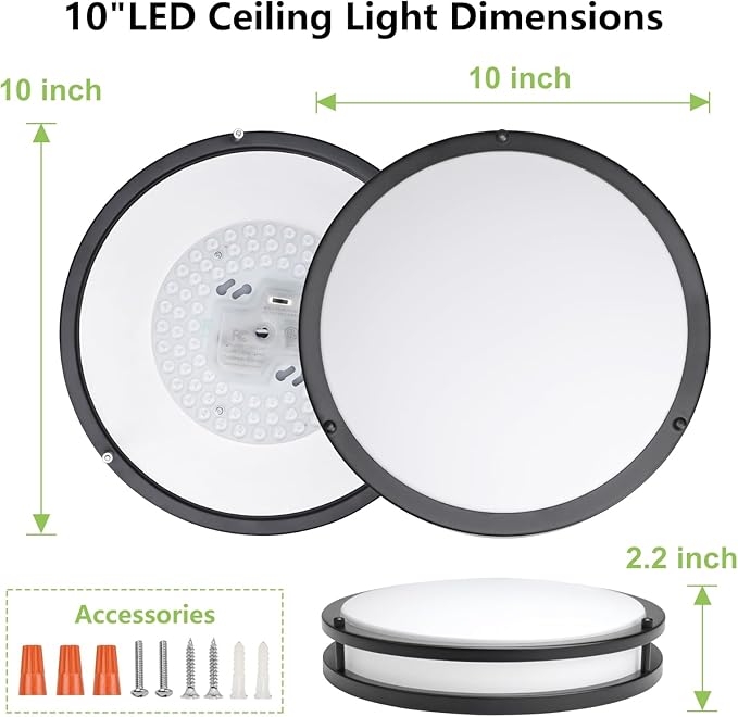 Black Flush Mount Ceiling Light - 2 Pack 24W 3000K/3500K/4000K/5000K/6000K Dimmable 10 Inch Led Ceiling Light Fixture for Bedroom Bathroom Kitchen Hallway (2 Pack Black (5CCT), 10")