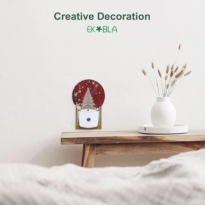 EKOBLA Winter Red Christmas Tree LED Night Light Xmas Holiday Snow Snowflakes Night Lights Plug into Wall with Dusk to Dawn Light Sensor for Boys Girls Men Women Gifts