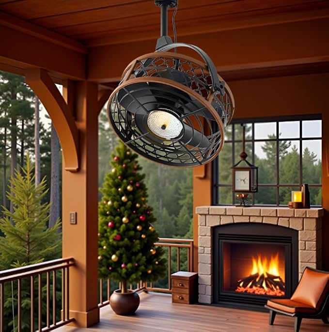 Outdoor Ceiling Fan with Light, IP55 Rated Waterproof Ceiling Fan with Tilting Head & Plug in Cord Remote and App Control - Caged Design for Patios Garage Gazebo Pergolas Pavilions 20 Inch