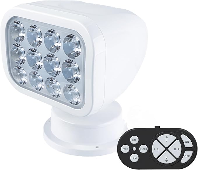 SEAFLO 360° Rotating Remote Control LED Searchlight, 10-30V, Auto-Reset, IP66 Waterproof, Marine Spotlight for Boats, Truck, Vehicles, CE & Rohs Certified (Wireless Remote/White/White Light 5500K)