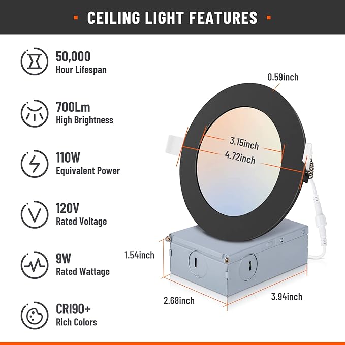 6 Pack Recessed Lighting 4 Inch with Junction Box, 5CCT 4 Inch Black LED Recessed Lights Dimmable 2700K/3000K/4000K/5000K/6000K, 9W 700lm Ultra Thin Recessed Lighting - ETL and Energy Star Certified