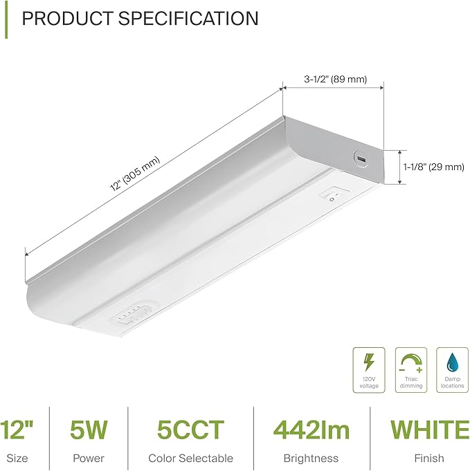 ASD 20 Pack 12 Inch Hardwired LED Under Cabinet Lights, On/Off & 5CCT Switch 2700K-5000K, 5W 442LM CRI90+, Direct Wire Low Profile Linkable Fixture, Dimmable Under Counter Kitchen Lighting, White, UL