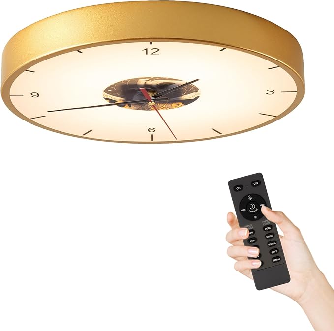 Gold Flush Mount Ceiling Light, Wall Mounted Clock 12 inch LED Dimmable Ceiling Lamp with Remote Control, Silent and No Ticking Sound Light Fixture for Bedroom Foyer Entryway Hallway ﻿
