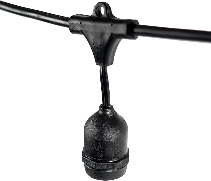 100-ft 50 Suspended Sockets E26 Commercial Patio Light Stringer, Heavy Duty Weatherproof SJTW Black Wire, 24" Spacing, 16 Gauge Wire, Stringer Only