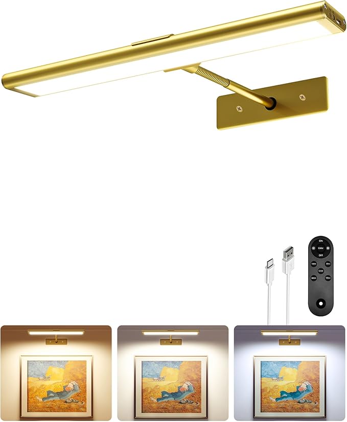 EZVALO Picture Light for Wall, 16inch Wireless Remote, 4800mAh Rechargeable Battery, 3 Color & Dimmable Magnetic LED Lights for Painting, Living Room, Gallery, Hallway, Bedroom, Dashboard (Gold)