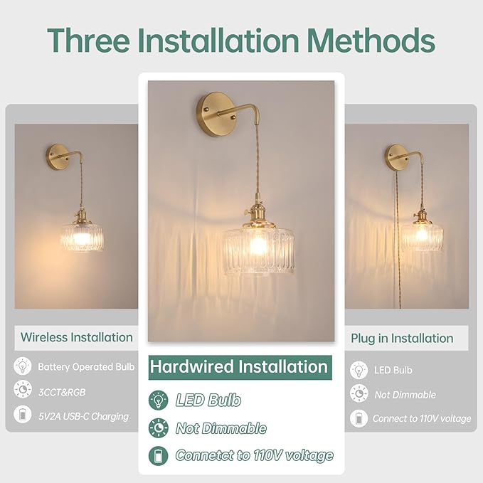 Vintage Wall Sconce Wall Lamp with Clear Striped Shade Pattern Glass Adjustable Chain Retro Gold Wall Mounted Light, Modern Wall Lamp Fixtures Decor for Bedside Bedroom Indoor Doorway