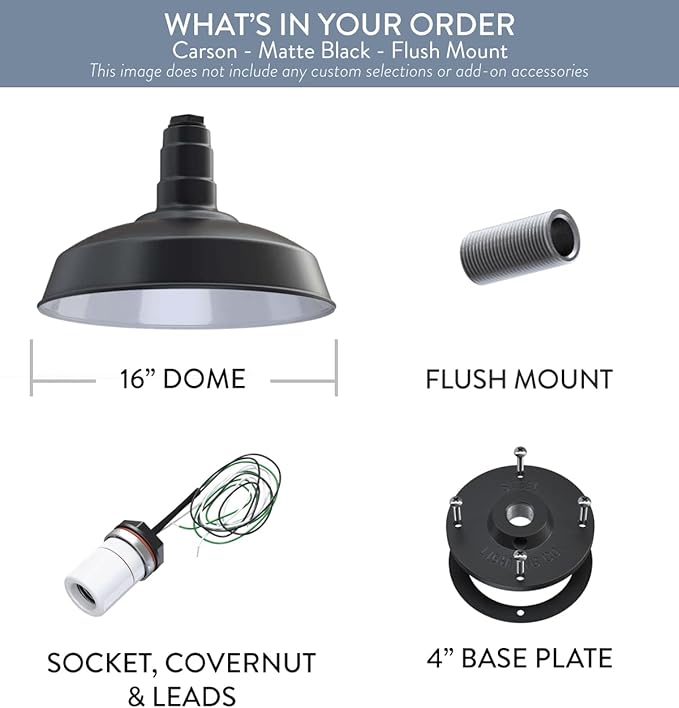 Steel Lighting Co. Carson Barn Light | Ceiling Mounted Pendant | 16 inch Dome | Flush Mount | Industrial Style Steel Light Made in America | Matte Black Exterior/White Interior