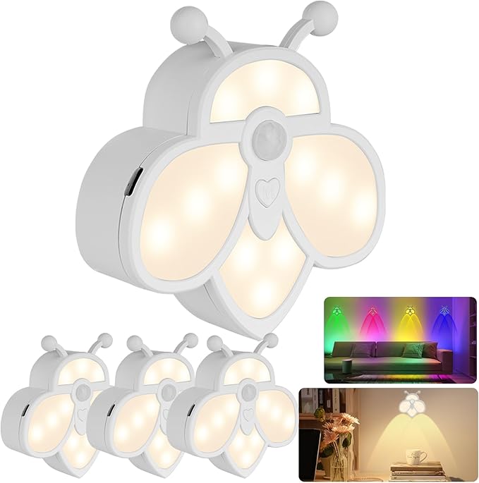 Rechargeable Motion Sensor Night Light for Kids | Warm White & RGB | Cute Bee Design | Magnetic Mount | Indoor Light for Bedroom, Kids' Room, Stair, Bathroom(White, 4 Pack)
