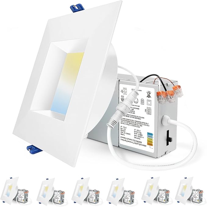 Adetu 4 Inch Anti-Glare LED Downlight,Dimmable Ceiling Light with 5CCT Reset,Selectable from 2700K to 5000K - 12W 1080LM, ETL Certified (White, 6 Pack Square)