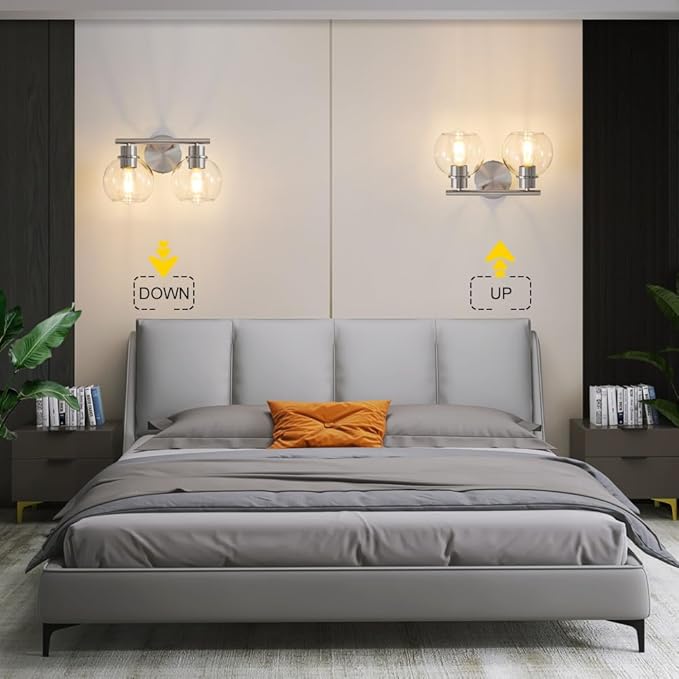 Bathroom Light Fixtures Over Mirror 2-Lights Bathroom Vanity Light with Clear Glass Shade 13.8 inch Modern Brushed Nickel Vanity Lights Wall Sconce Lighting for Bath