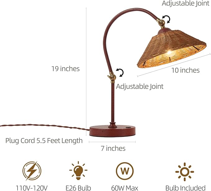 Woven Rattan Bedside Table Lamp for Bedroom, Boho Plug in Handmade Rattan Shade & Anti-Rust Iron Base Desk Lamp, Plug & Play Vintage Red Brown Nightstand Lamp for Living Room,Office【Bulb Included】
