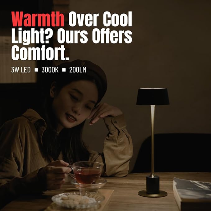 Cordless Lamp Set of 2, Rechargeable and Battery Operated, Powered by 4000mAh Battery, 42-Hour Run Time, Dimmable, Black and Gold Lamp for Bedrooms, Restaurant, Buffet, Patio