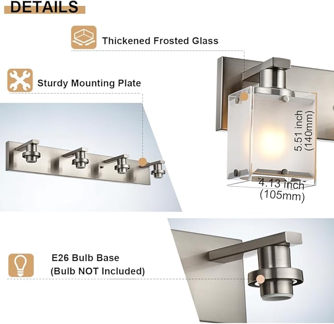 4-Lights Bathroom Light Fixtures Over Mirror, Brushed Nickel Vanity Wall Mounted Lighting with Frosted Glass for Kitchen Living Room, E26 Bulb Base