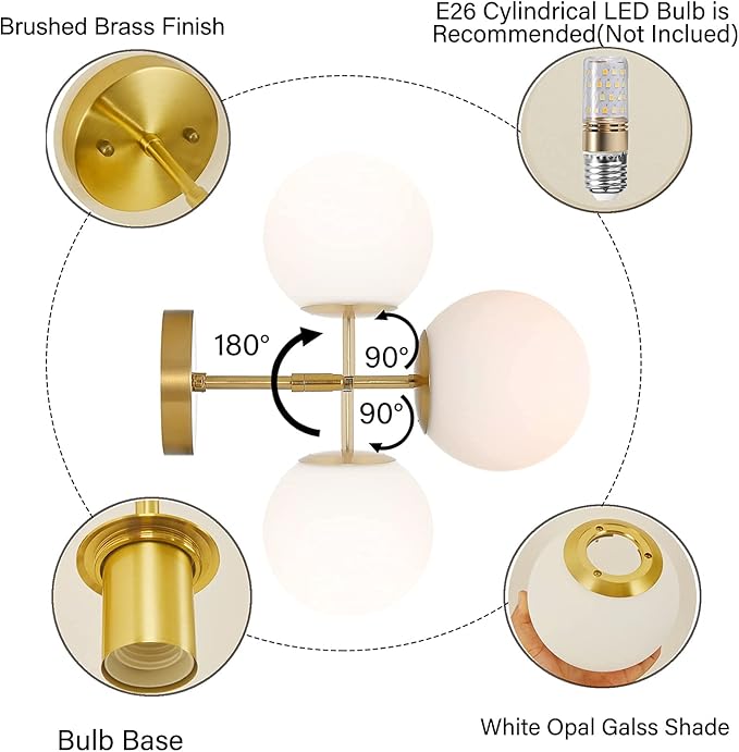 Modern Wall Sconce Industrial Mid Century Bathroom Vanity Wall Light with White Globe Glass Lampshade Brushed Brass Finished Lighting Fixture (Gold Color)