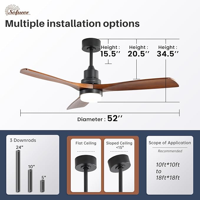 Sofucor 52 Inch Solid Wood Ceiling Fans With Lights, Low Profile Ceiling Fan with Light and Remote, 3 Downrod, Reversible DC Motor, Indoor/Outdoor 3 Blade Ceiling Fan Light for Bedroom Farmhouse Patio