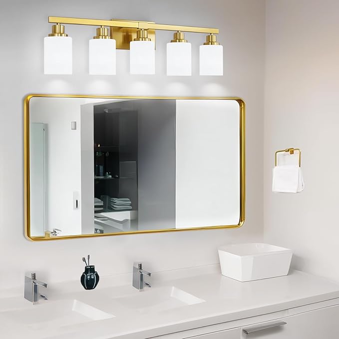 Gold Bathroom Light Fixtures, 5-Light Modern Brushed Gold Vanity Lighting Fixtures for Bathroom Over Mirror, 30" Gold Sconces Wall Lighting for Bedroom Hallway Living Room