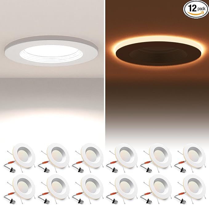 12 Pack 5/6 Inch LED Can Lights with Night Light, Metal 5CCT Retrofit Recessed Lighting Selectable 2700K-6000K Dimmable, 12W=75W, 1200LM Downlight with Metal Smooth Trim - ETL and Energy Star