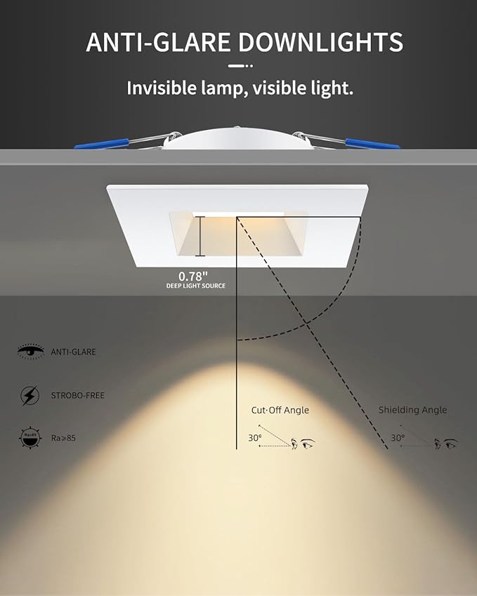 Adetu 4 Inch Anti-Glare LED Downlight,Dimmable Ceiling Light with 5CCT Reset,Selectable from 2700K to 5000K - 12W 1080LM, ETL Certified (White, 6 Pack Square)