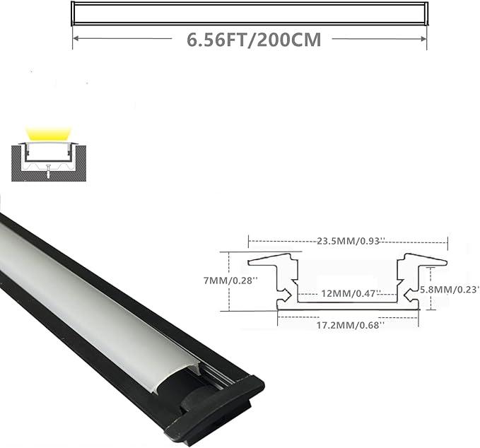 Recessed LED Strip Black Channel Diffuser 8-Pack 6.56FT,23.5X7MM LED Tape Aluminum Track with Flange,Flush Mounted Wardrobe Bookcase Wine Cabinet Groove Low Profile (6.56FT, Black, 8)