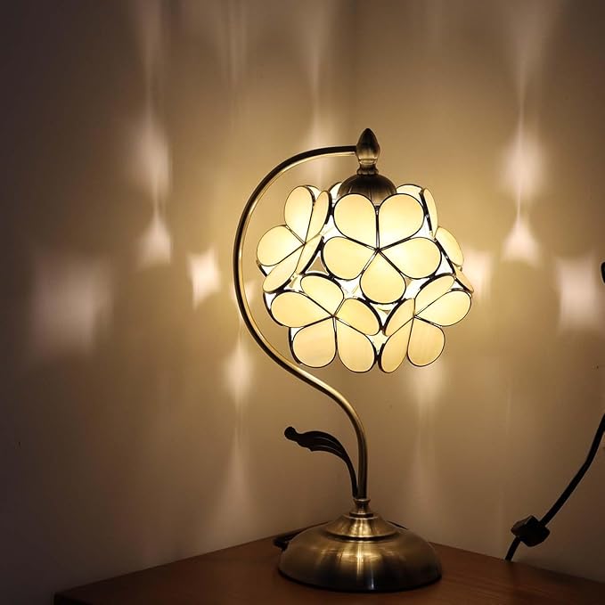 Bieye L10754 Tiffany Style Stained Glass Flower Petal Table Lamp with Brass Base for Home Décor (Cream, 8" Cherry Blossom)