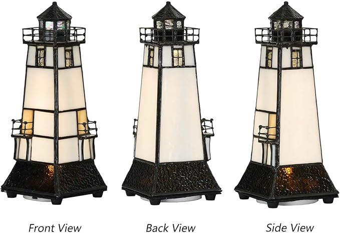 Bieye L10727 Lighthouse Tiffany Style Stained Glass Accent Table Lamp Night Light with Lookout Platform for Home Decoration (5x5x9, Brown)