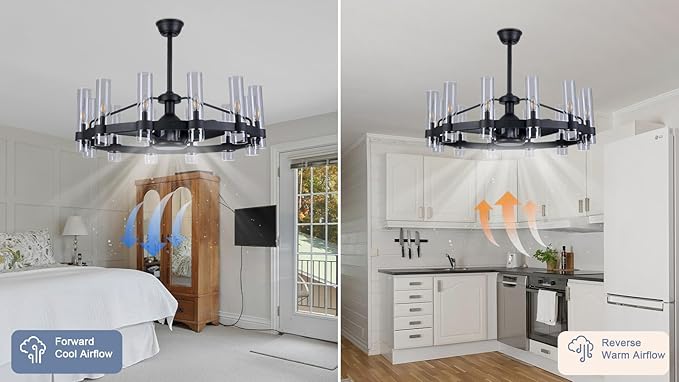 Black Ceiling Fans with 12 Lights Wagon Wheel Chandelier, 38 Inch Modern Farmhouse Fandelier, Quiet 6-Speed Reversible DC Motor, 1/2/4H Remote Timing for Living Room/Bedroom/Kitchen