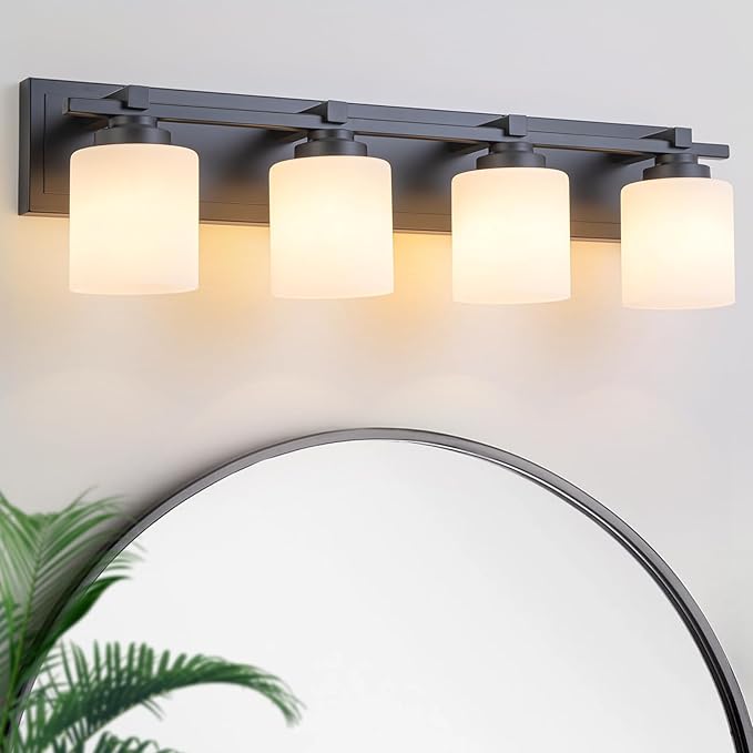 4 Light Modern Bathroom Light Fixtures Over Mirror, Black Vanity Lights for Bathroom Wall Sconces with Milky White Glass Shades, E26 Socket (Bulbs Not Included)