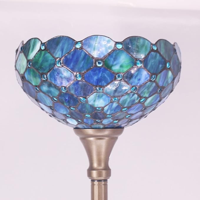 Tiffany Floor Lamp Torchiere Stained Glass Torch Lamp 12X12X67 Inch Antique Standing Corner Light (Sea Blue Pearl)