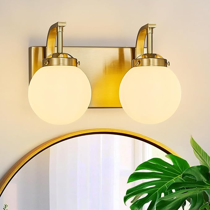 2 Lights Bathroom Vanity Light Fixtures Modern Gold Vanity Light with Milk White Glass Globe Shade Bathroom Lighting Over Mirror Wall Sconce for Bedroom Living Room Hallway