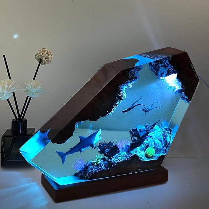 Shark Ocean Resin Lamp, Handmade Resin Night Light for Home Office Decor, Multi-Color LED Light with USB Port, Shark Gifts for Women & Men, Birthday Holiday Marine Biology Gifts for Kids (6"x4")