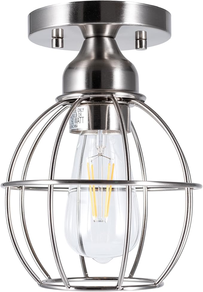 GRUENLICH Semi Flush Mount Ceiling Light Fixture for Outdoor and Indoor, E26 Medium Base 60W Max, Metal Housing and Metal Cage, Bulb not Included, 2-Pack, Nickel Finish