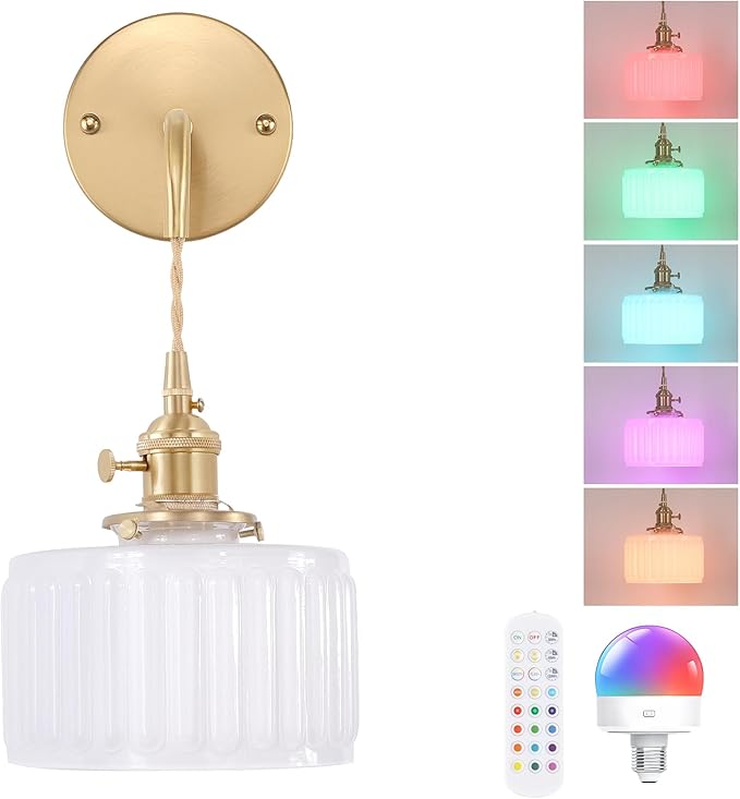 Battery Operated Wall Sconce with White Striped Shade Pattern Glass Adjustable Chain Retro Gold Wall Mounted Light, Modern Wall Lamp Fixtures Decor for Bedside Bedroom Indoor Doorway