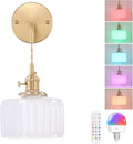 Battery Operated Wall Sconce with White Striped Shade Pattern Glass Adjustable Chain Retro Gold Wall Mounted Light, Modern Wall Lamp Fixtures Decor for Bedside Bedroom Indoor Doorway
