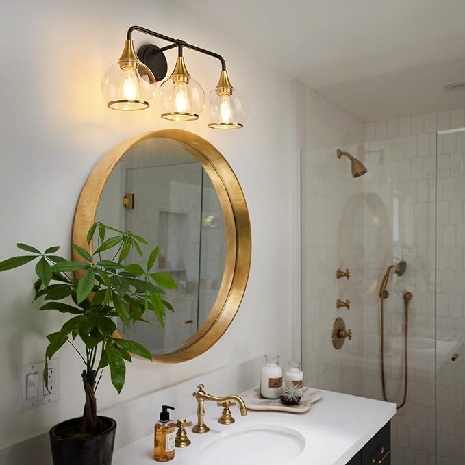 Black and Gold Bathroom Vanity Light 3-Lights Bathroom Light Fixtures Over Mirror with Clear Glass Shade 22.4 inch Wall Sconce Lighting Bath(Exclude E26 Bulb)