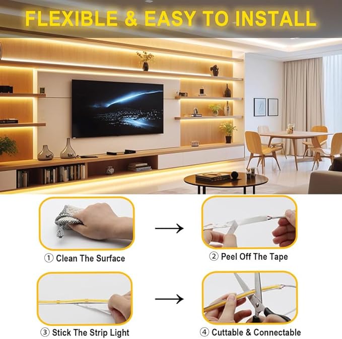 Warm Dim COB LED Tape Light – 3000K to 1800K Dim-to-Warm, Dot-Free Strip, UL Listed, Flexible LED Strip Light for Ambient & Accent Lighting 4.4w/ft 32FT Pack