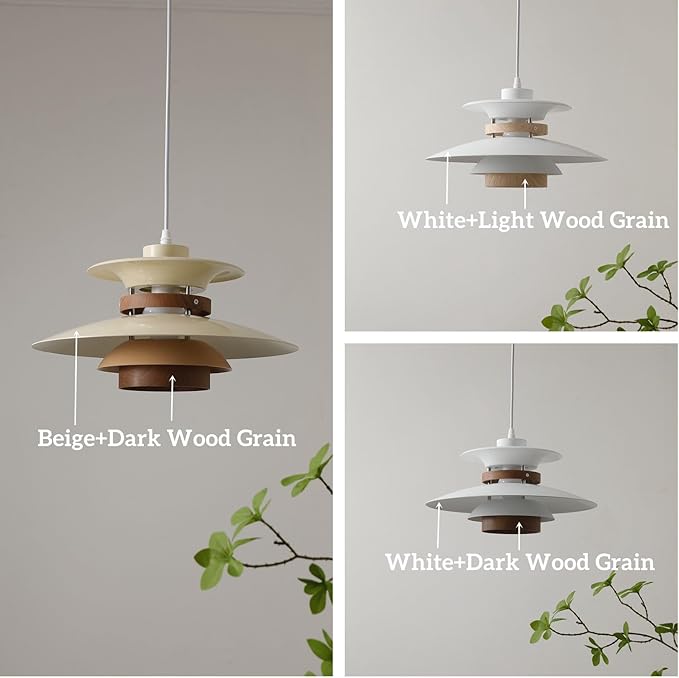 Modern Decor Adjustable Pendant Lamp Kitchen Island, Aluminum and Wood Finish,1-Light E26 Base Ceiling Hanging Light for Dining Room Shop Restaurant (Beige+Dark Wood Grain, 40cm)