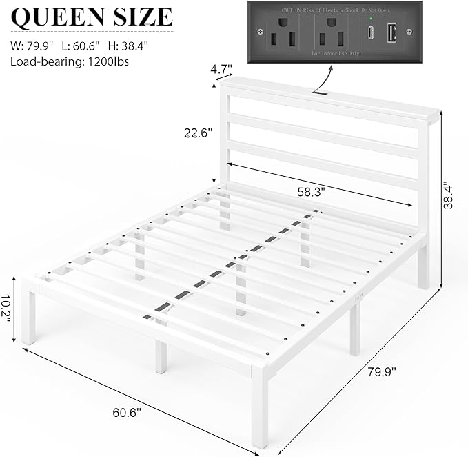 Queen Size Bed Frame with Storage Headboard, Industrial Platform Bed with Charging Station and LED Lights, Underbed Storage Space,Easy Assembly,No Box Spring Needed,Modern, White