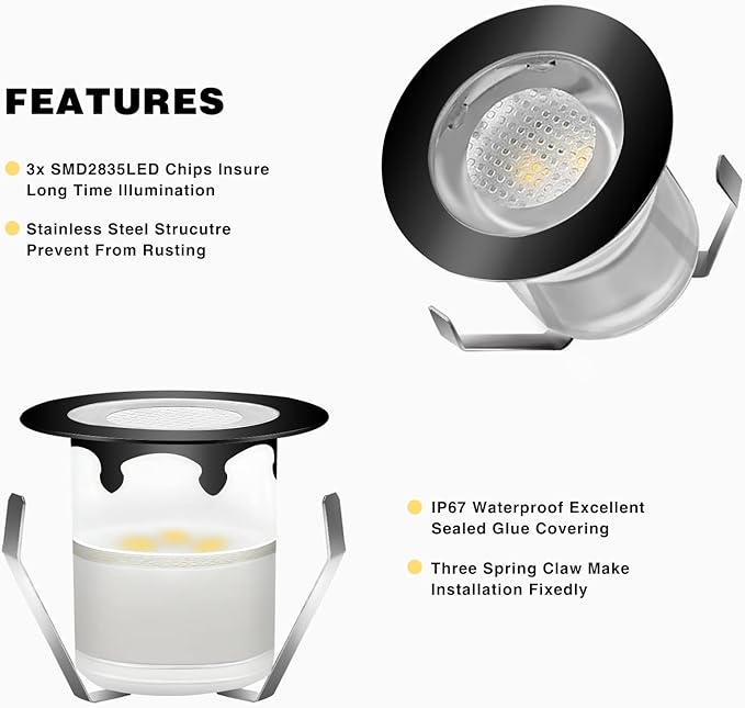Low Voltage LED Deck Light Kit Stainless Steel Waterproof Recessed Wood Decking Stairs Garden Yard Patio Decor Lamp Outdoor Black Border LED Lighting (Cool White, 20pcs)
