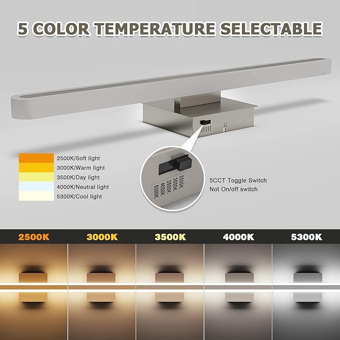 Joosenhouse Brushed Nickel Vanity Lights for Bathroom, 5CCT Dimmable Vanity Light Bar, Above Mirror Makeup Mirror Light, Modern Bathroom Lighting Fixtures 23.6 inch 20W